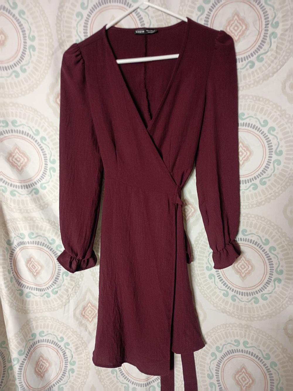 SHEIN Wine Wrap Midi Dress with Long Puff Sleeves